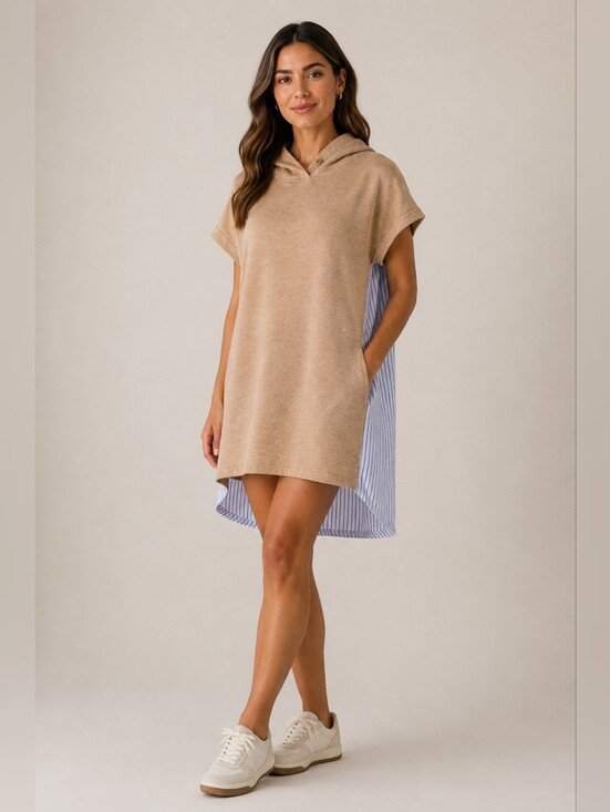 Sena Parmo Dresses & Skirts - Korean Mixed Media Hooded Tunic Dress Beige Knit Blue Stripe Layered  FIts M/S